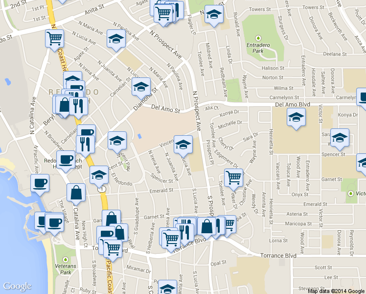 map of restaurants, bars, coffee shops, grocery stores, and more near 210 North Lucia Avenue in Redondo Beach