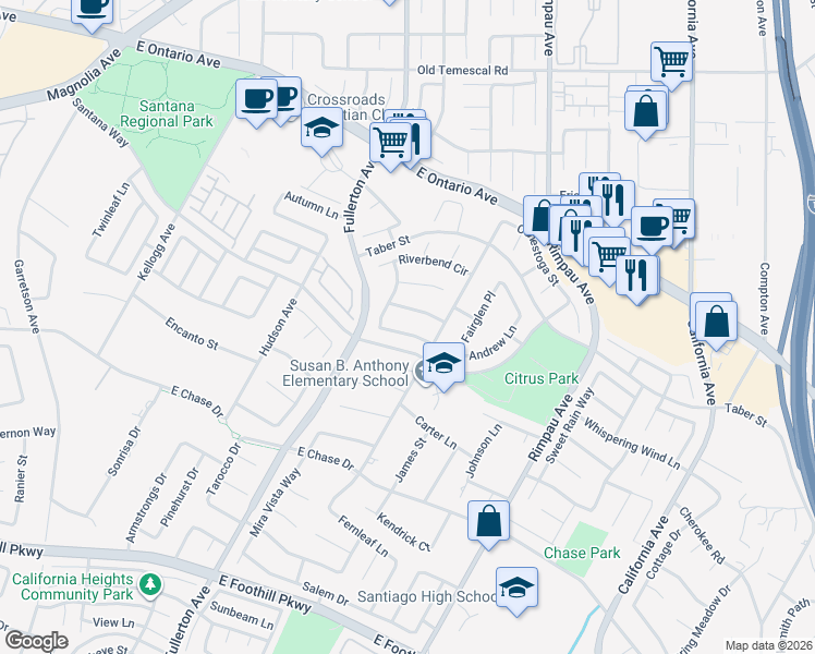 map of restaurants, bars, coffee shops, grocery stores, and more near 1059 Mountain Grove Lane in Corona