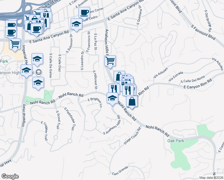 map of restaurants, bars, coffee shops, grocery stores, and more near 435 South Anaheim Hills Road in Anaheim