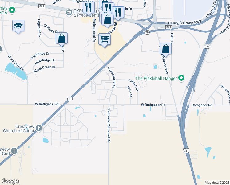 map of restaurants, bars, coffee shops, grocery stores, and more near 5526 Professional Drive in Wichita Falls