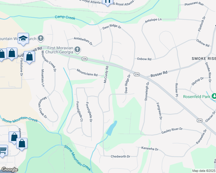 map of restaurants, bars, coffee shops, grocery stores, and more near 2265 McCurdy Road in Stone Mountain