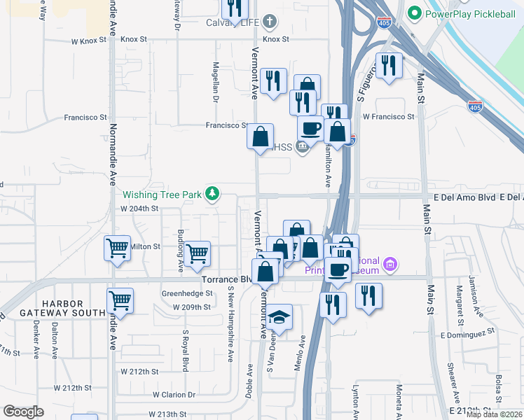 map of restaurants, bars, coffee shops, grocery stores, and more near 20426 South Vermont Avenue in Torrance