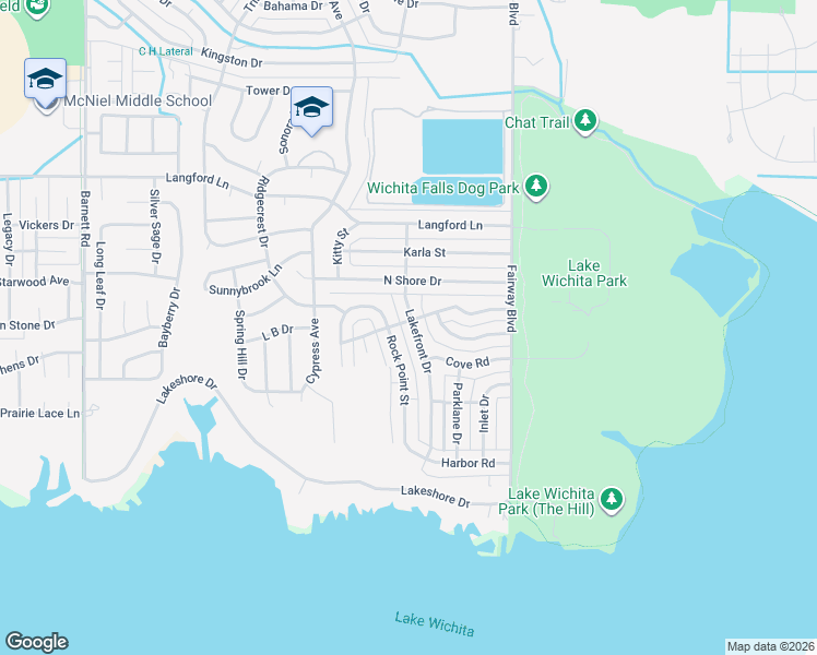 map of restaurants, bars, coffee shops, grocery stores, and more near 5007 Lakefront Drive in Wichita Falls