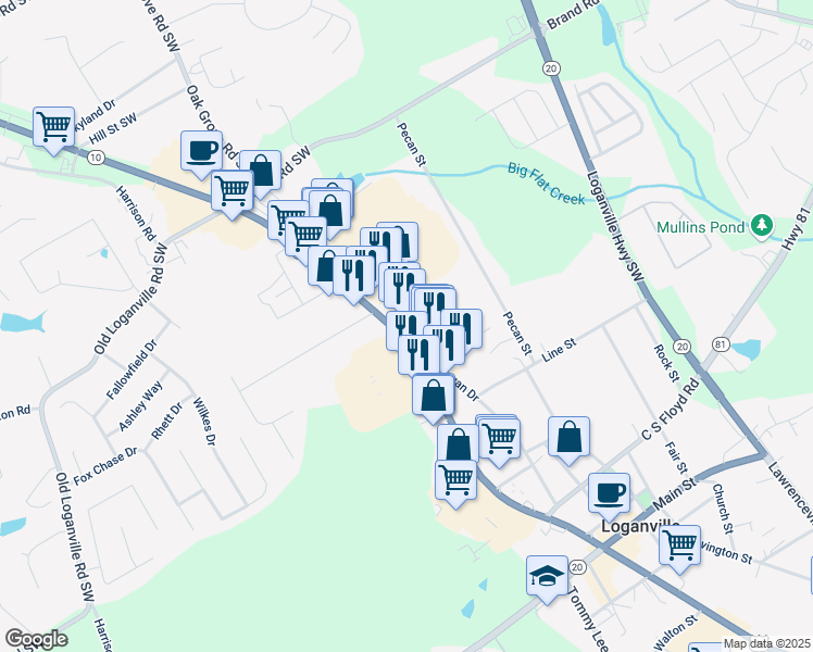 map of restaurants, bars, coffee shops, grocery stores, and more near 4112 Atlanta Highway in Loganville