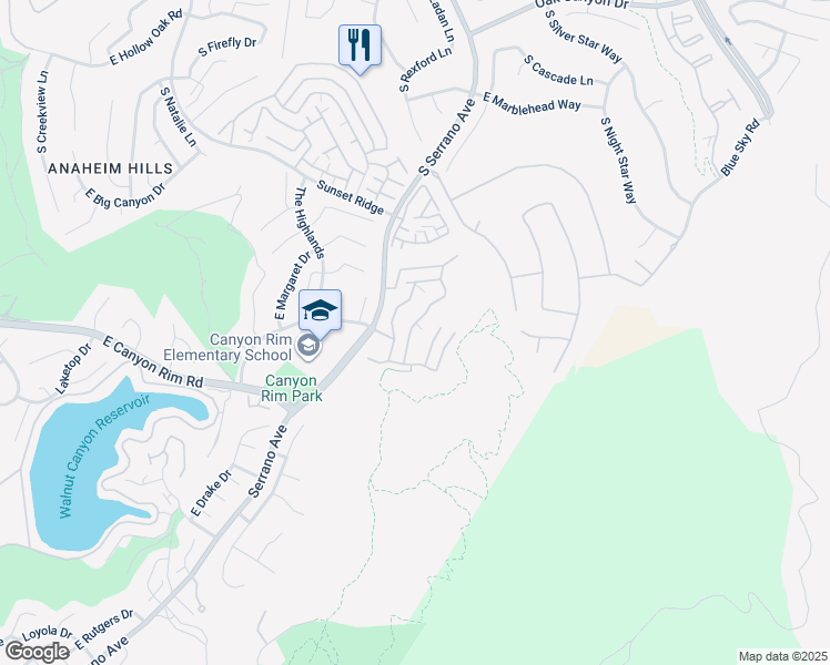 map of restaurants, bars, coffee shops, grocery stores, and more near 1085 South Sundance Drive in Anaheim