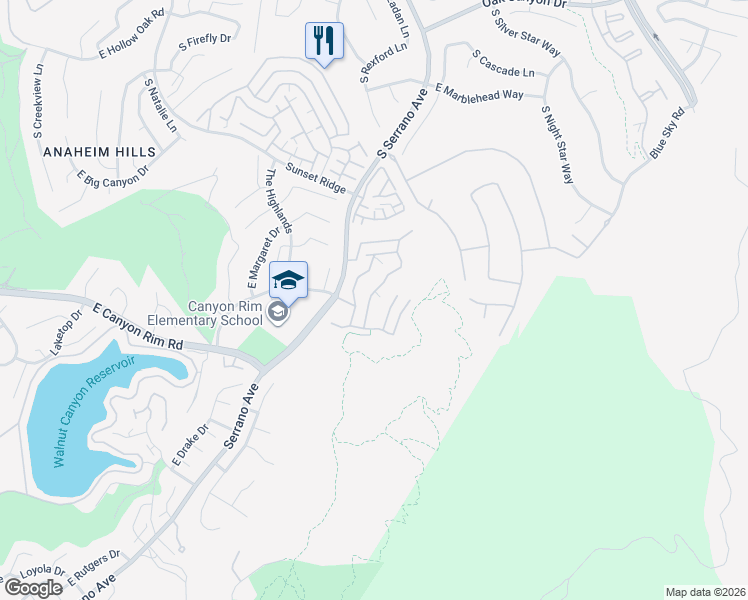 map of restaurants, bars, coffee shops, grocery stores, and more near 1052 South Dewcrest Drive in Anaheim