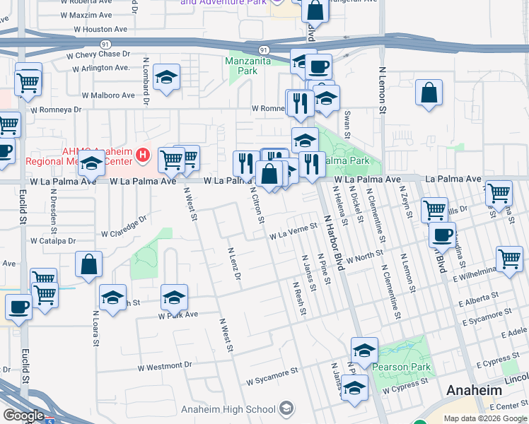 map of restaurants, bars, coffee shops, grocery stores, and more near 934 North Citron Street in Anaheim