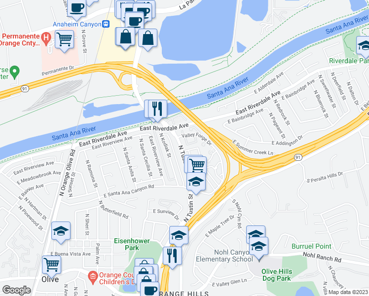 map of restaurants, bars, coffee shops, grocery stores, and more near 3927 East Rogue Drive in Anaheim