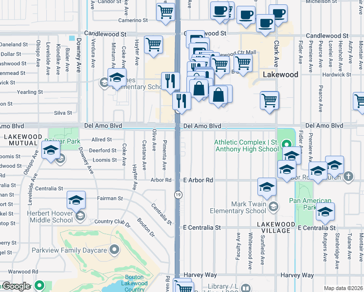 map of restaurants, bars, coffee shops, grocery stores, and more near 4824 North Lakewood Boulevard in Long Beach
