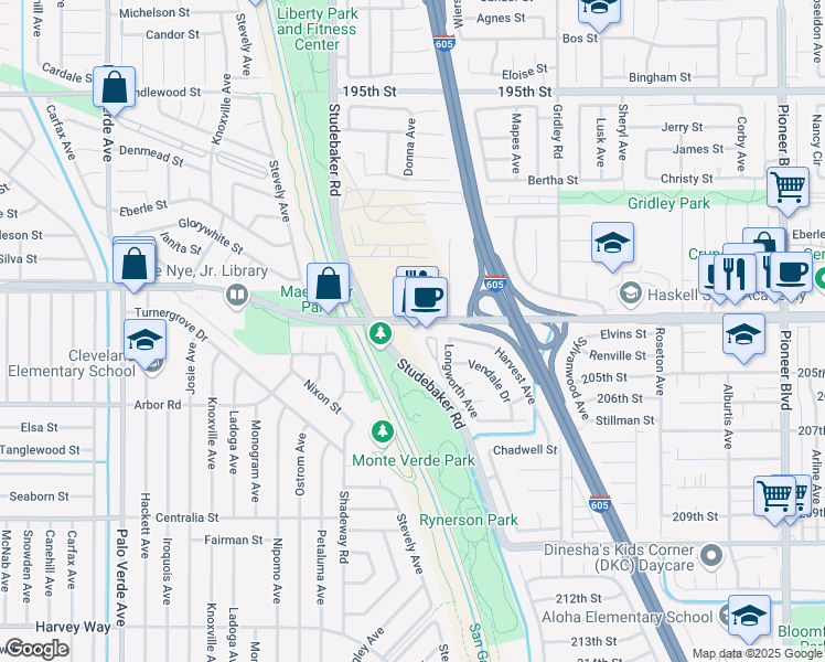 map of restaurants, bars, coffee shops, grocery stores, and more near 11126 Del Amo Boulevard in Lakewood