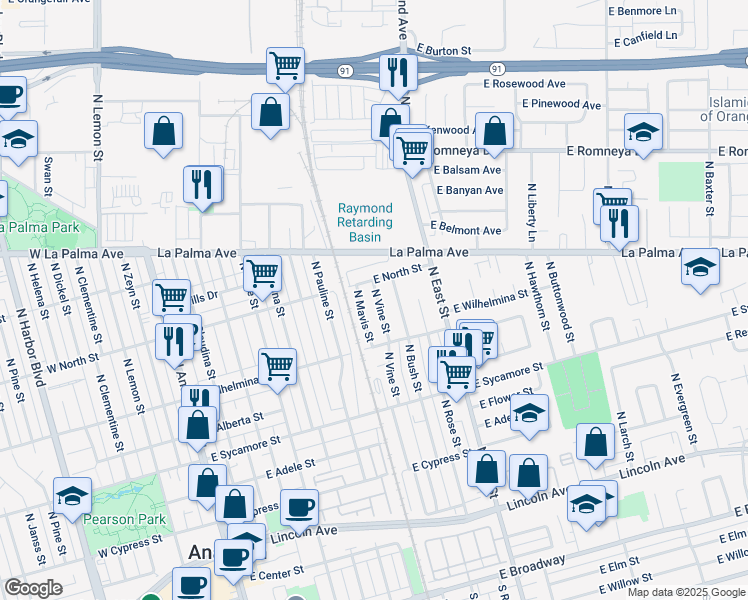 map of restaurants, bars, coffee shops, grocery stores, and more near 745 North Vine Street in Anaheim