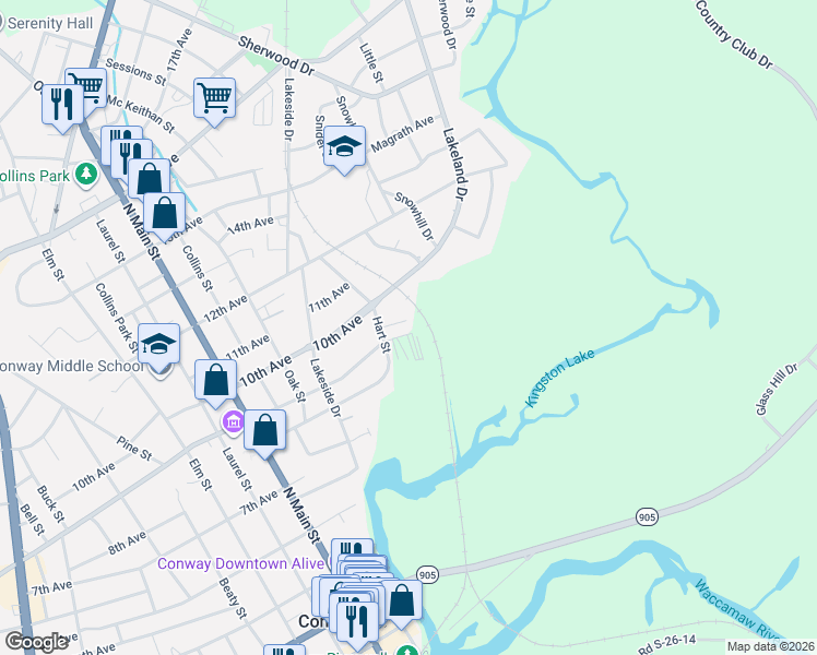 map of restaurants, bars, coffee shops, grocery stores, and more near 403 Tolar Lane in Conway