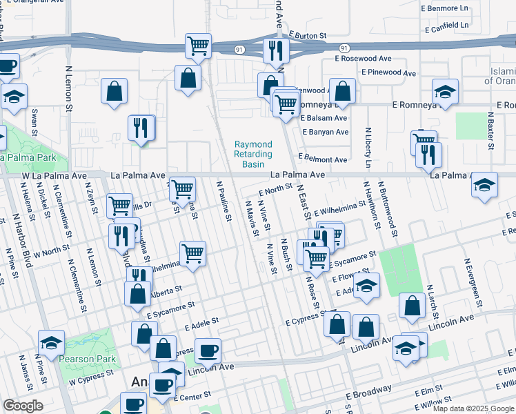 map of restaurants, bars, coffee shops, grocery stores, and more near 745 North Vine Street in Anaheim