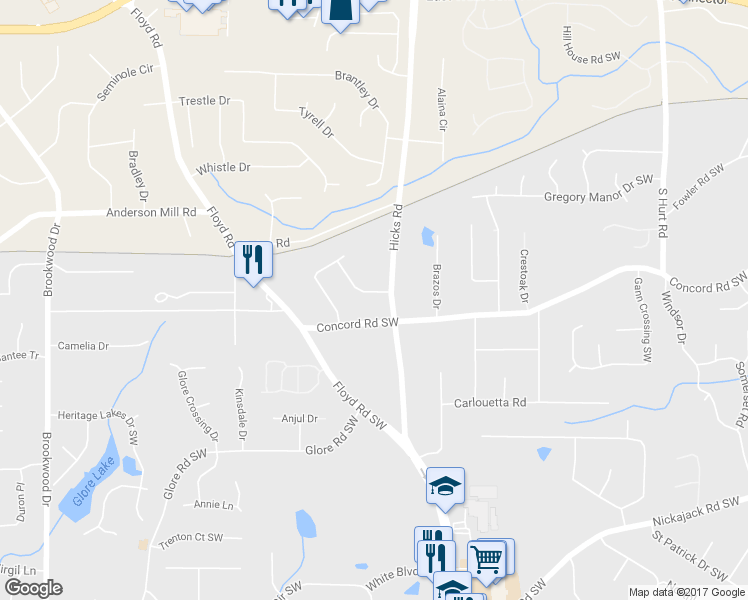 map of restaurants, bars, coffee shops, grocery stores, and more near 863 Williamsburg Court Southwest in Mableton