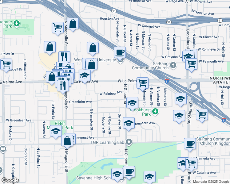 map of restaurants, bars, coffee shops, grocery stores, and more near 1000 North Roanne Place in Anaheim