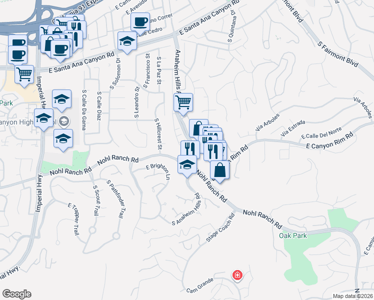 map of restaurants, bars, coffee shops, grocery stores, and more near 415 South Anaheim Hills Road in Anaheim