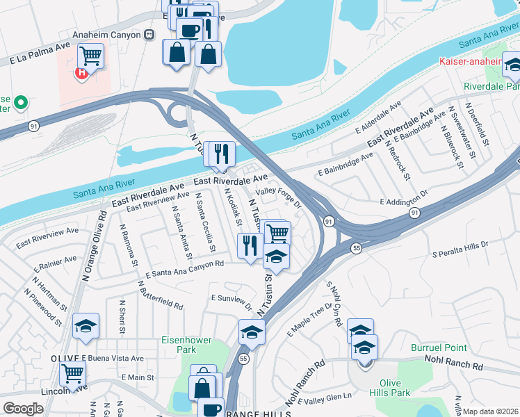 map of restaurants, bars, coffee shops, grocery stores, and more near in Anaheim