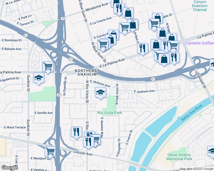 map of restaurants, bars, coffee shops, grocery stores, and more near 2850 East Frontera Street in Anaheim