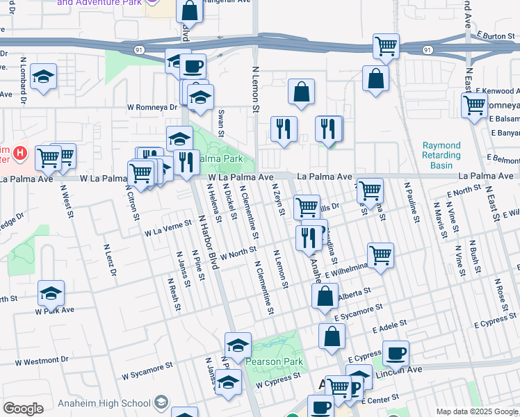 map of restaurants, bars, coffee shops, grocery stores, and more near 901 Lemon Street in Anaheim