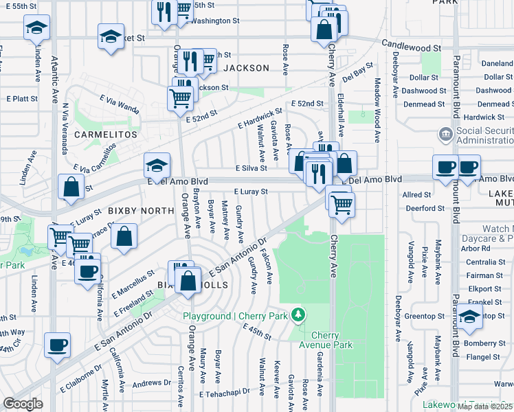 map of restaurants, bars, coffee shops, grocery stores, and more near 1514 East Luray Street in Long Beach