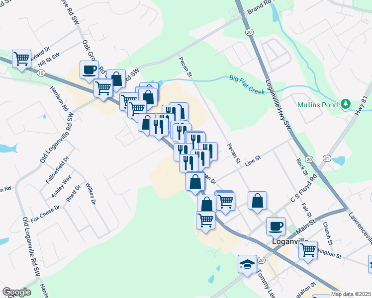 map of restaurants, bars, coffee shops, grocery stores, and more near 4112 Atlanta Highway in Loganville