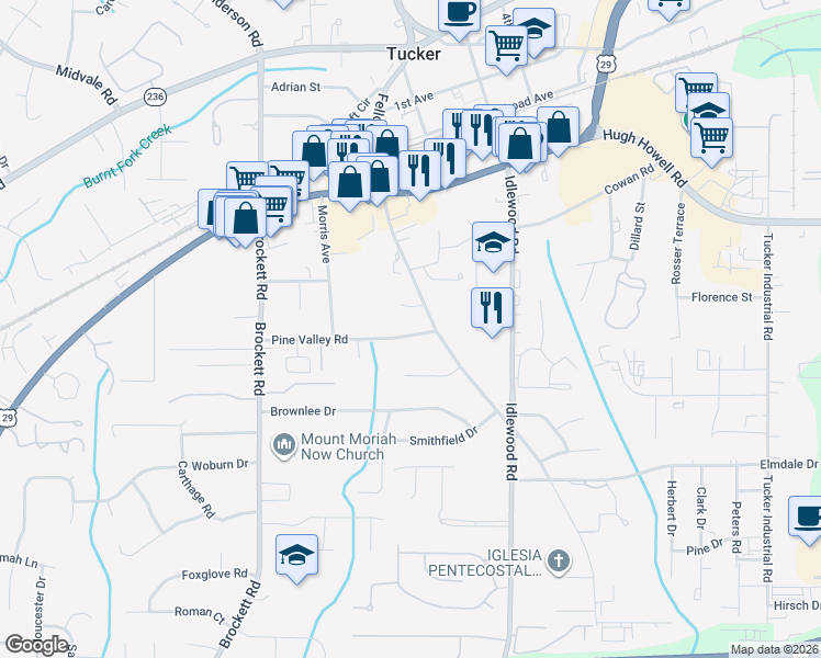 map of restaurants, bars, coffee shops, grocery stores, and more near 4190 Pine Valley Road in Tucker