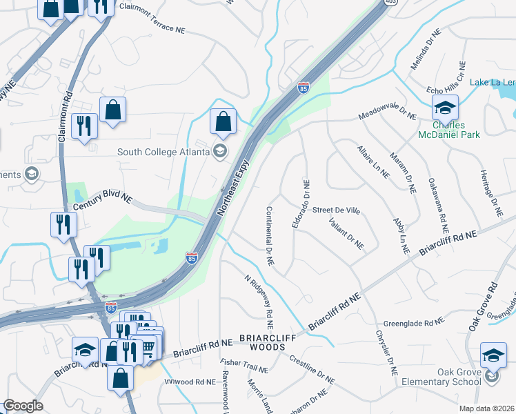 map of restaurants, bars, coffee shops, grocery stores, and more near 2108 Continental Drive Northeast in Atlanta