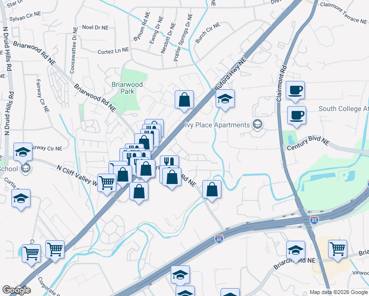 map of restaurants, bars, coffee shops, grocery stores, and more near 1564 Lenox Overlook Road in Atlanta