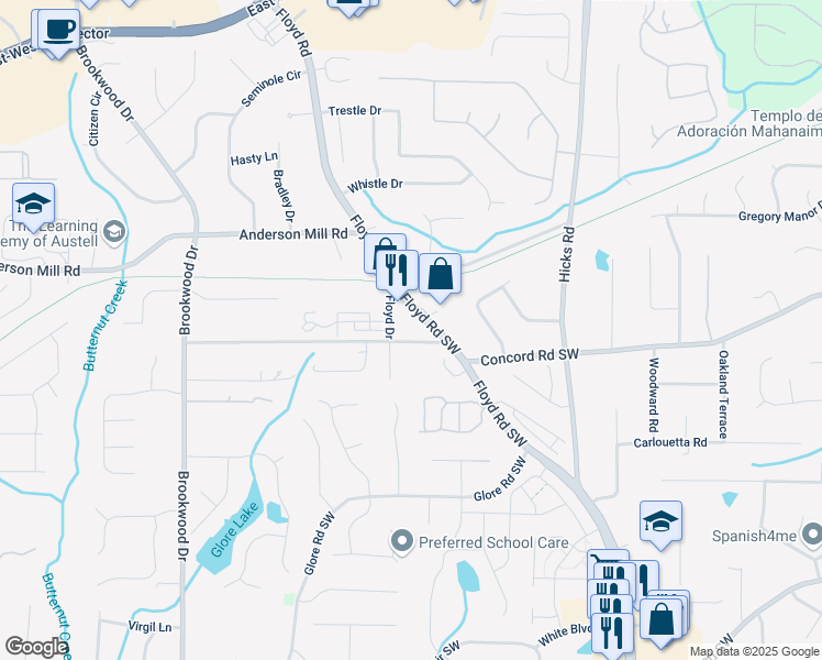 map of restaurants, bars, coffee shops, grocery stores, and more near 4360 Floyd Road in Mableton