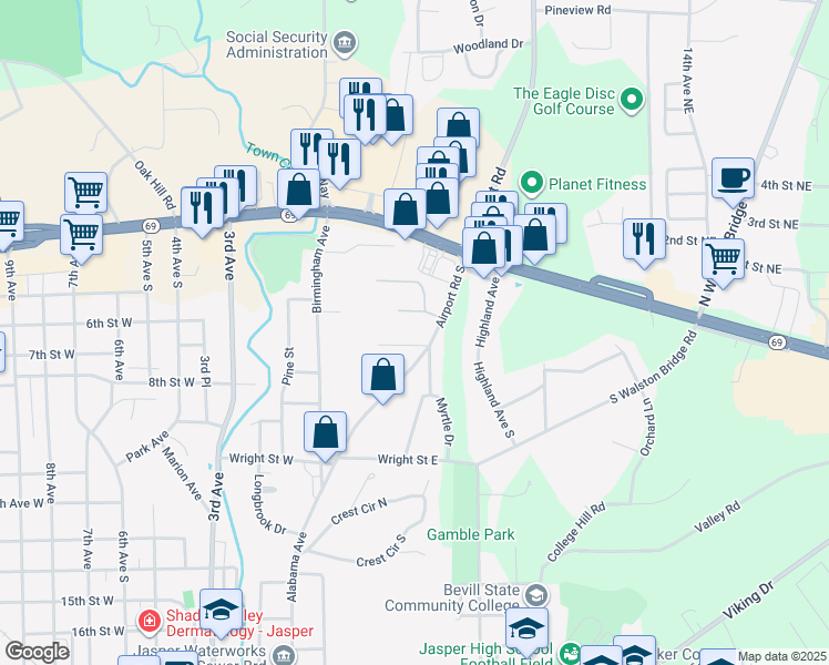 map of restaurants, bars, coffee shops, grocery stores, and more near 803 Airport Road South in Jasper