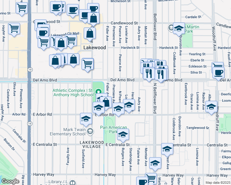 map of restaurants, bars, coffee shops, grocery stores, and more near 4822 Premiere Avenue in Long Beach