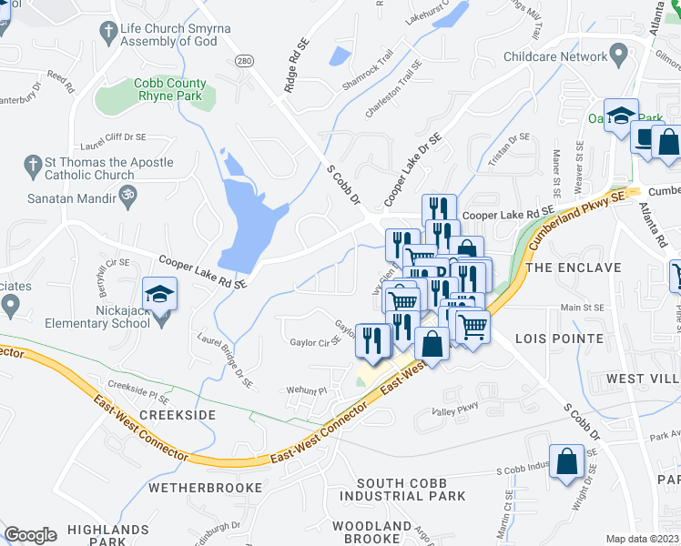 map of restaurants, bars, coffee shops, grocery stores, and more near 4547 Coopers Creek Place Southeast in Smyrna