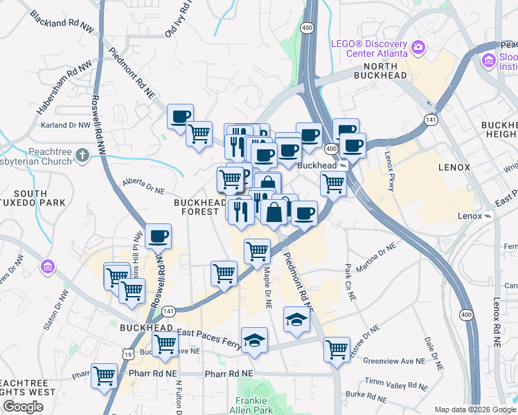 map of restaurants, bars, coffee shops, grocery stores, and more near 3330 Piedmont Road Northeast in Atlanta