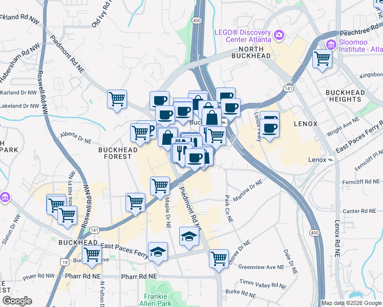 map of restaurants, bars, coffee shops, grocery stores, and more near 3300 Peachtree Road Northeast in Atlanta