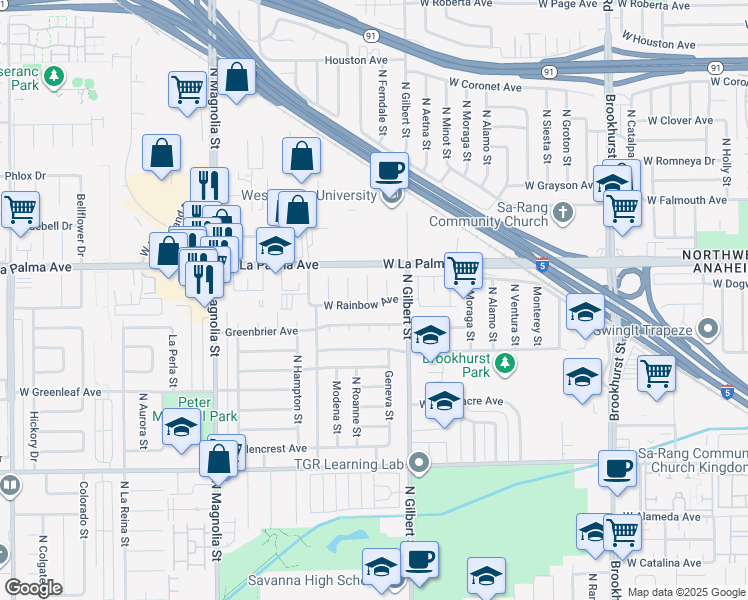 map of restaurants, bars, coffee shops, grocery stores, and more near 1000 North Roanne Place in Anaheim