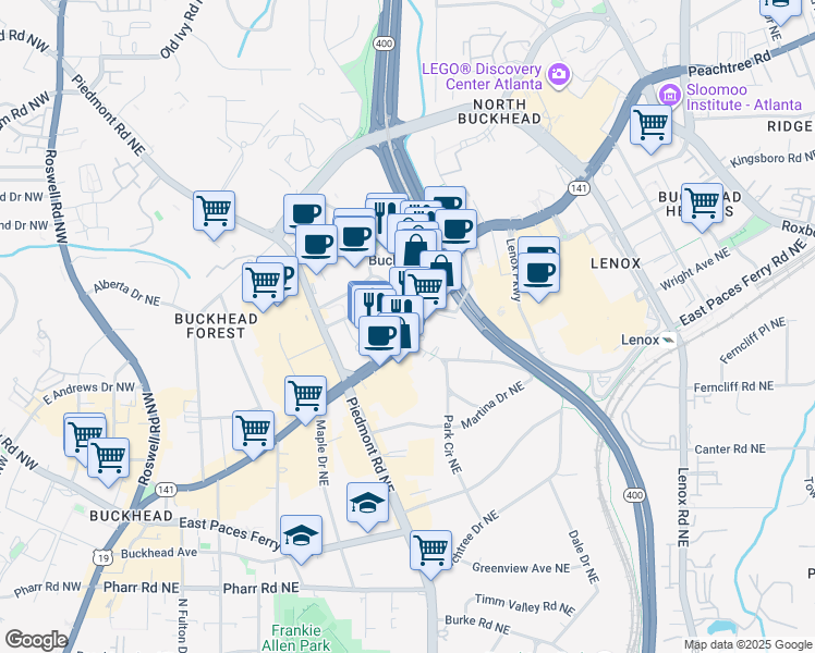 map of restaurants, bars, coffee shops, grocery stores, and more near 3324 Peachtree Road in Atlanta