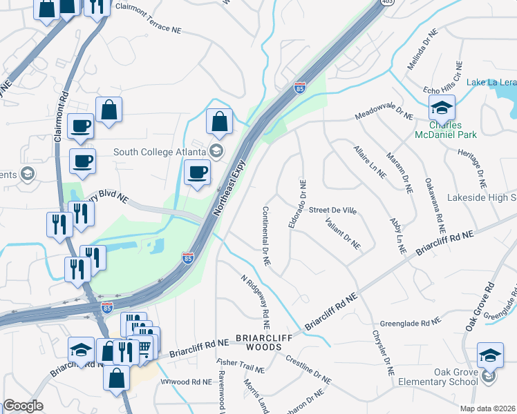 map of restaurants, bars, coffee shops, grocery stores, and more near 2108 Continental Drive Northeast in Atlanta