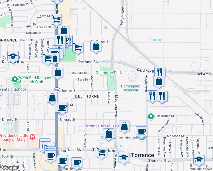 map of restaurants, bars, coffee shops, grocery stores, and more near 20444 Osage Avenue in Torrance