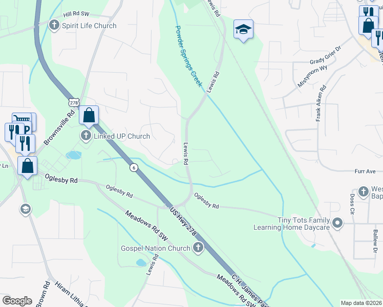 map of restaurants, bars, coffee shops, grocery stores, and more near 4499 Lily Brooke Court in Powder Springs