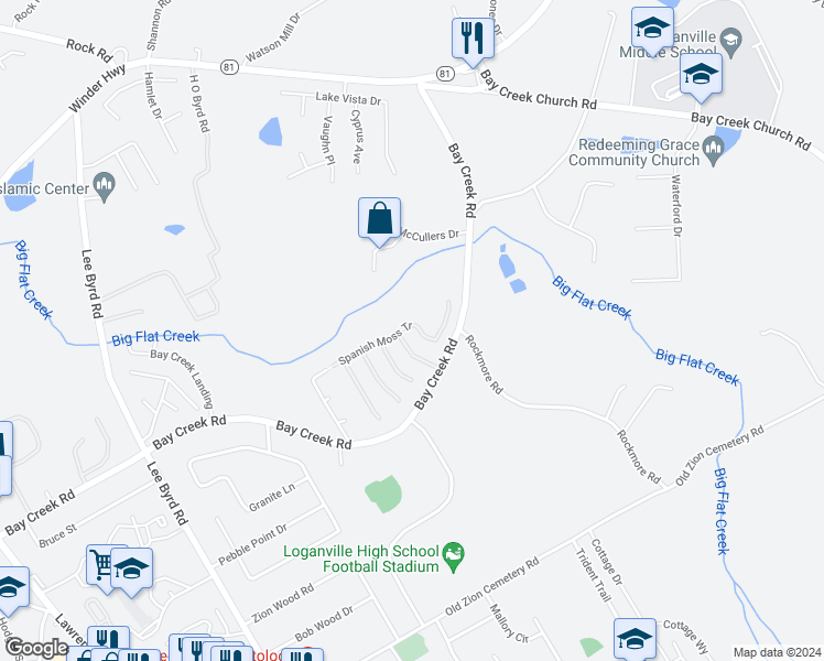 map of restaurants, bars, coffee shops, grocery stores, and more near 969 Spanish Moss Tr in Loganville