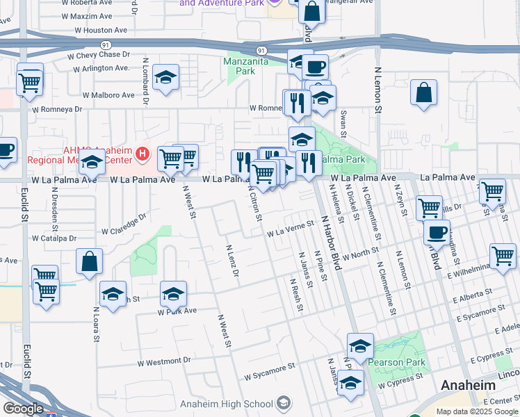 map of restaurants, bars, coffee shops, grocery stores, and more near 934 North Citron Street in Anaheim