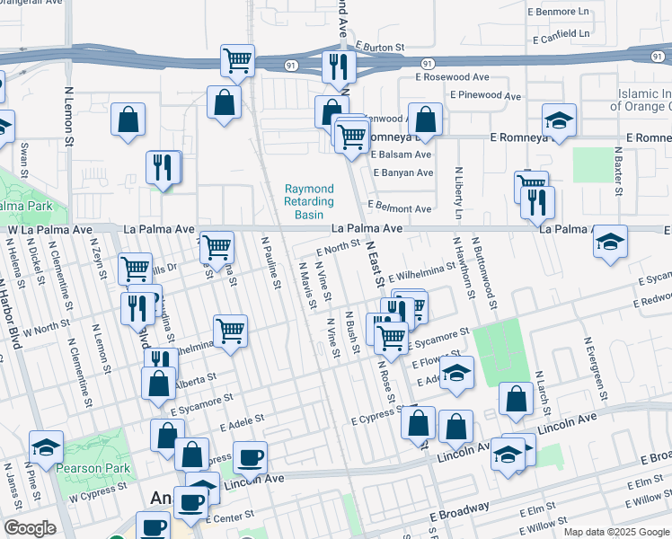 map of restaurants, bars, coffee shops, grocery stores, and more near 735 North Bush Street in Anaheim