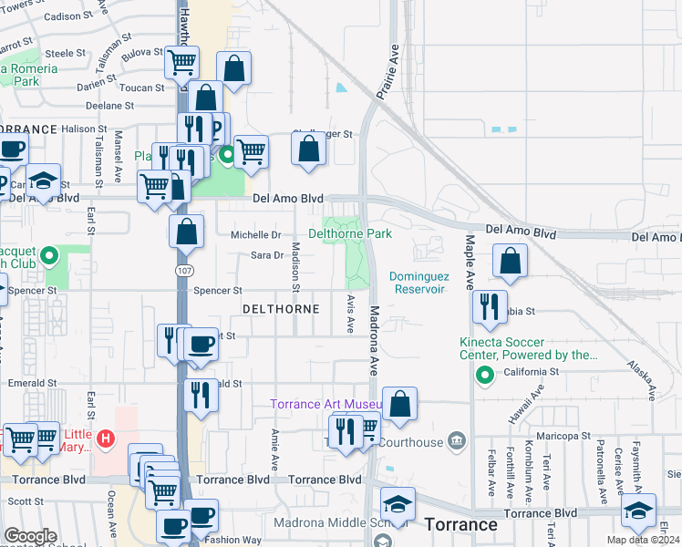 map of restaurants, bars, coffee shops, grocery stores, and more near 20444 Osage Avenue in Torrance