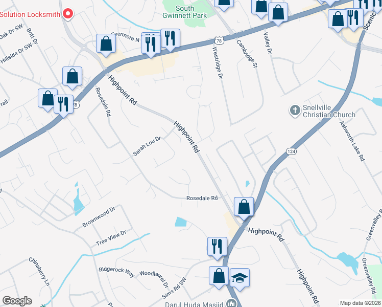 map of restaurants, bars, coffee shops, grocery stores, and more near 3160 Murell Road in Snellville