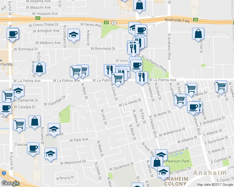 map of restaurants, bars, coffee shops, grocery stores, and more near 934 North Citron Street in Anaheim