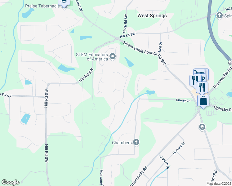 map of restaurants, bars, coffee shops, grocery stores, and more near 5389 Telford Court in Powder Springs