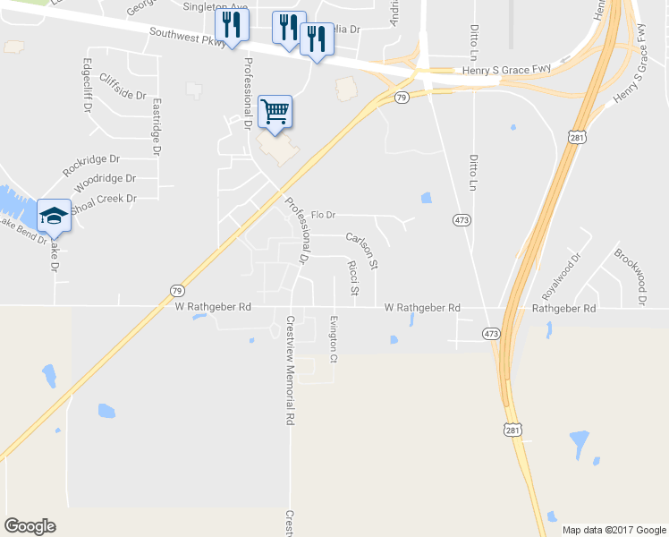 map of restaurants, bars, coffee shops, grocery stores, and more near 8 Evington Court in Wichita Falls