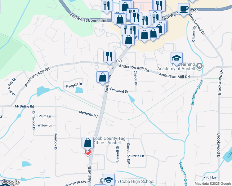 map of restaurants, bars, coffee shops, grocery stores, and more near 1835 Elmwood Drive in Austell
