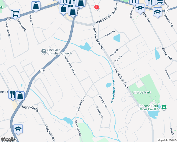 map of restaurants, bars, coffee shops, grocery stores, and more near 2628 Hickory Trail in Snellville