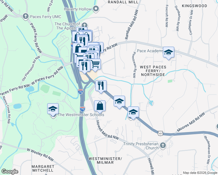 map of restaurants, bars, coffee shops, grocery stores, and more near 3372 Pine Meadow Road Northwest in Atlanta